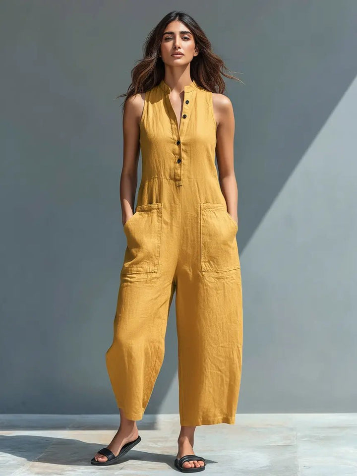 Women's Loose-Fit Sleeveless Linen Blend Stand-Collar Jumpsuit - Yellow
