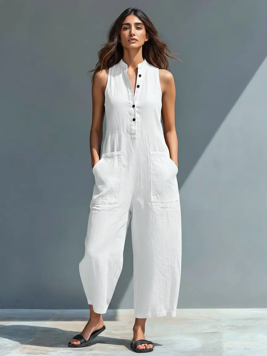 Women's Loose-Fit Sleeveless Linen Blend Stand-Collar Jumpsuit - White