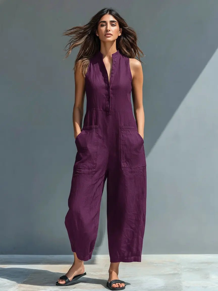 Women's Loose-Fit Sleeveless Linen Blend Stand-Collar Jumpsuit - Purple