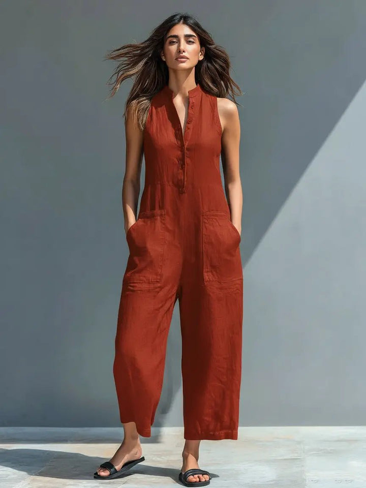 Women's Loose-Fit Sleeveless Linen Blend Stand-Collar Jumpsuit - Rust Red