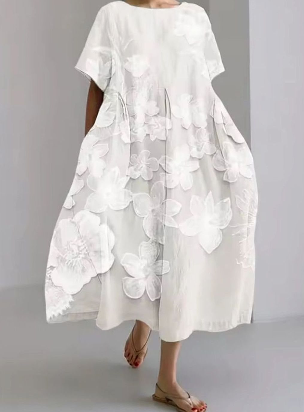 Women's Loose Round-Neck Floral Appliqué Midi Dress - White Floral