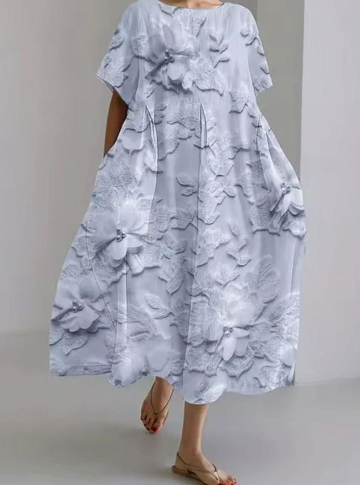 Women's Loose Round-Neck Floral Appliqué Midi Dress - Light Blue