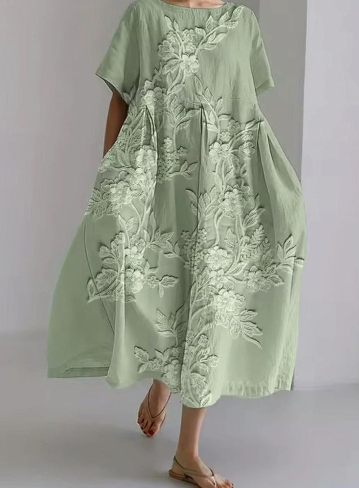 Women's Loose Round-Neck Floral Appliqué Midi Dress - Floral Green