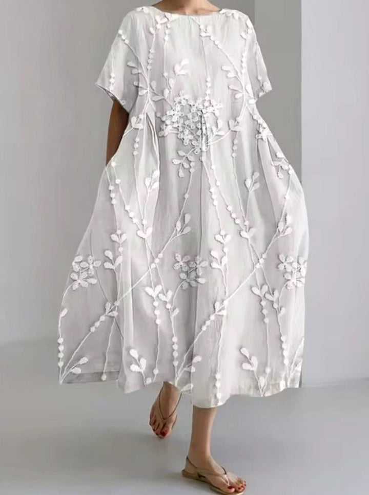 Women's Loose Round-Neck Floral Appliqué Midi Dress - Floral Gray