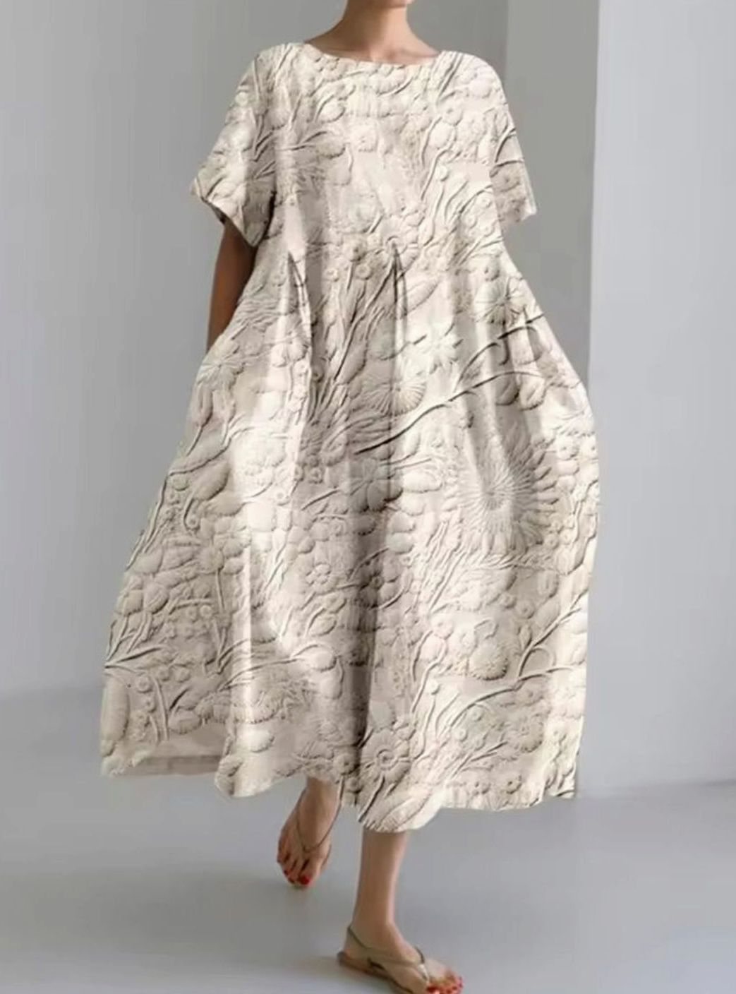 Women's Loose Round-Neck Floral Appliqué Midi Dress - Floral Beige