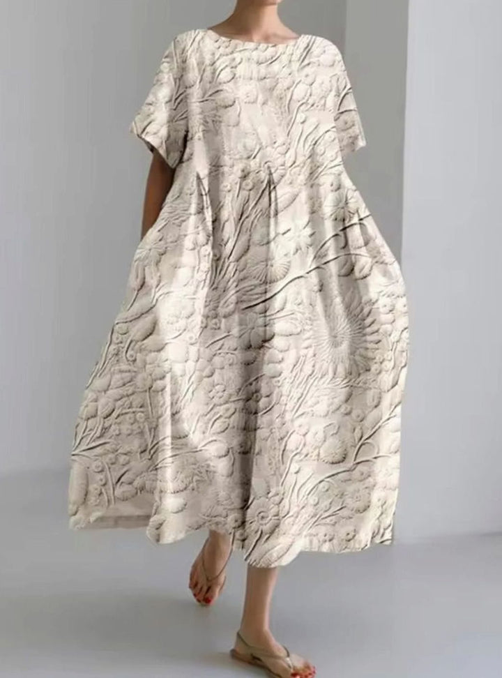Women's Loose Round-Neck Floral Appliqué Midi Dress - Floral Beige