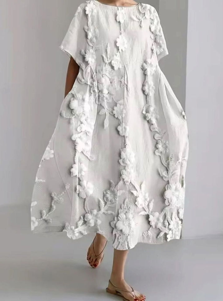 Women's Loose Round-Neck Floral Appliqué Midi Dress - Big Floral White