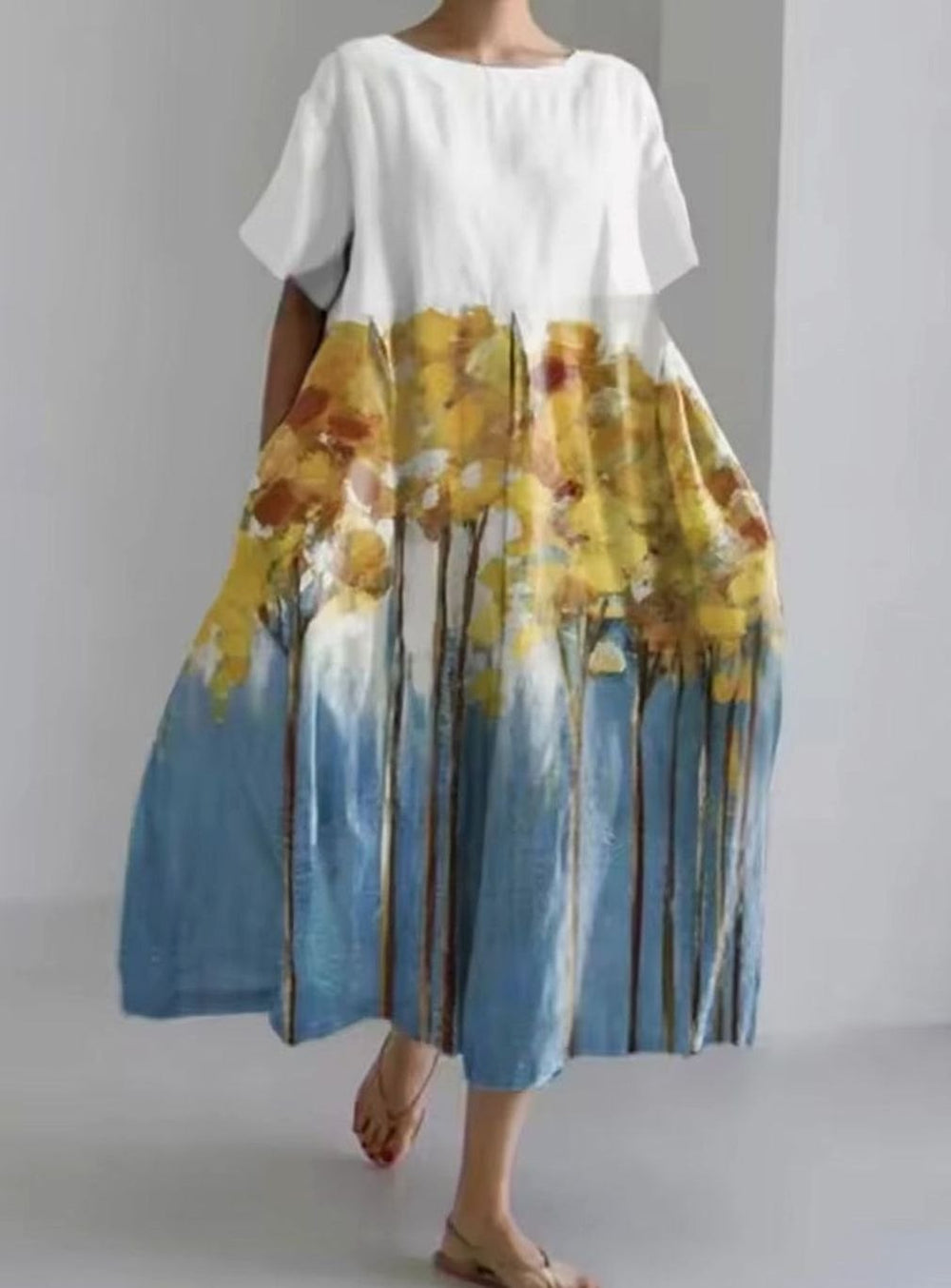 Women's Loose Round-Neck Floral Appliqué Midi Dress - Multicolor 1