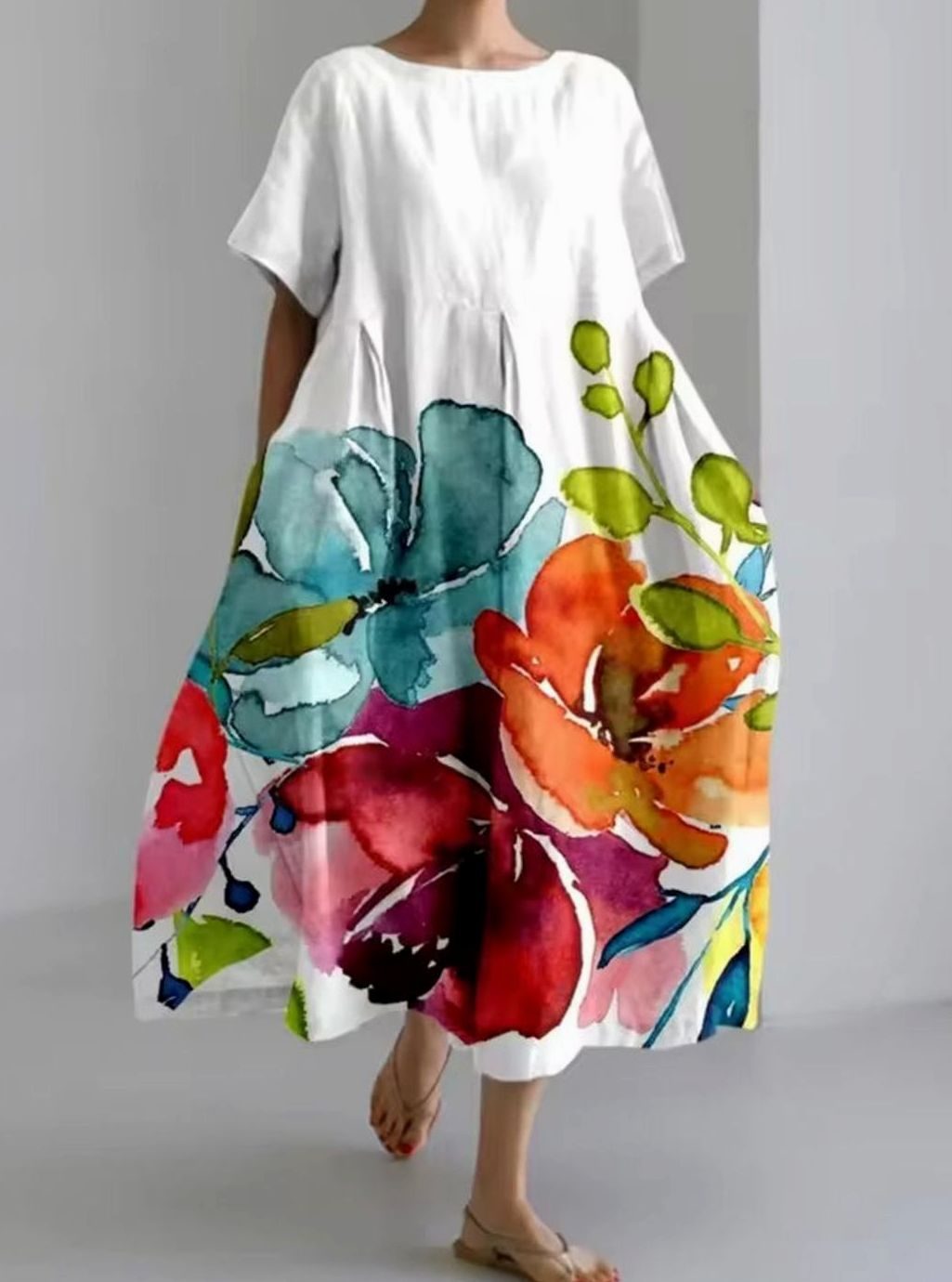 Women's Loose Round-Neck Floral Appliqué Midi Dress - Multicolor 2