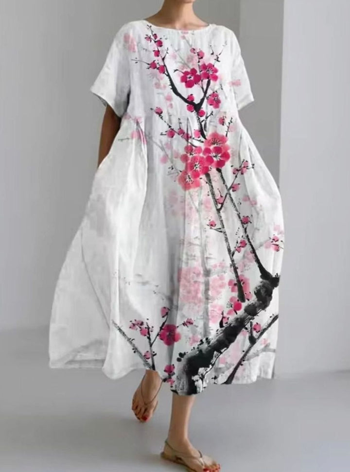Women's Loose Round-Neck Floral Appliqué Midi Dress - White Pink