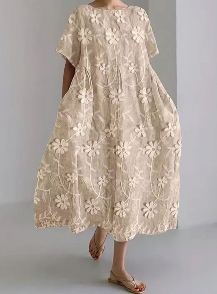 Women's Loose Round-Neck Floral Appliqué Midi Dress - Floral Khaki