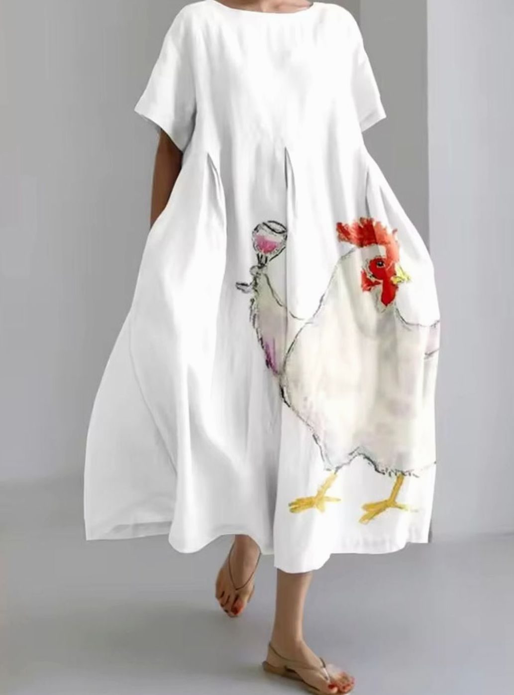 Women's Loose Round-Neck Floral Appliqué Midi Dress - Printed White