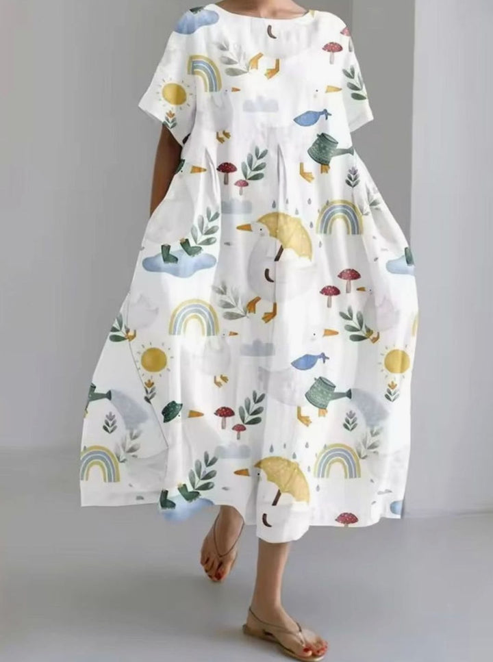 Women's Loose Round-Neck Floral Appliqué Midi Dress - Multi Print