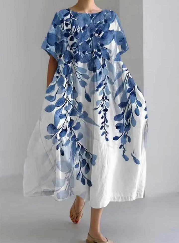 Women's Loose Round-Neck Floral Appliqué Midi Dress - Floral Blue