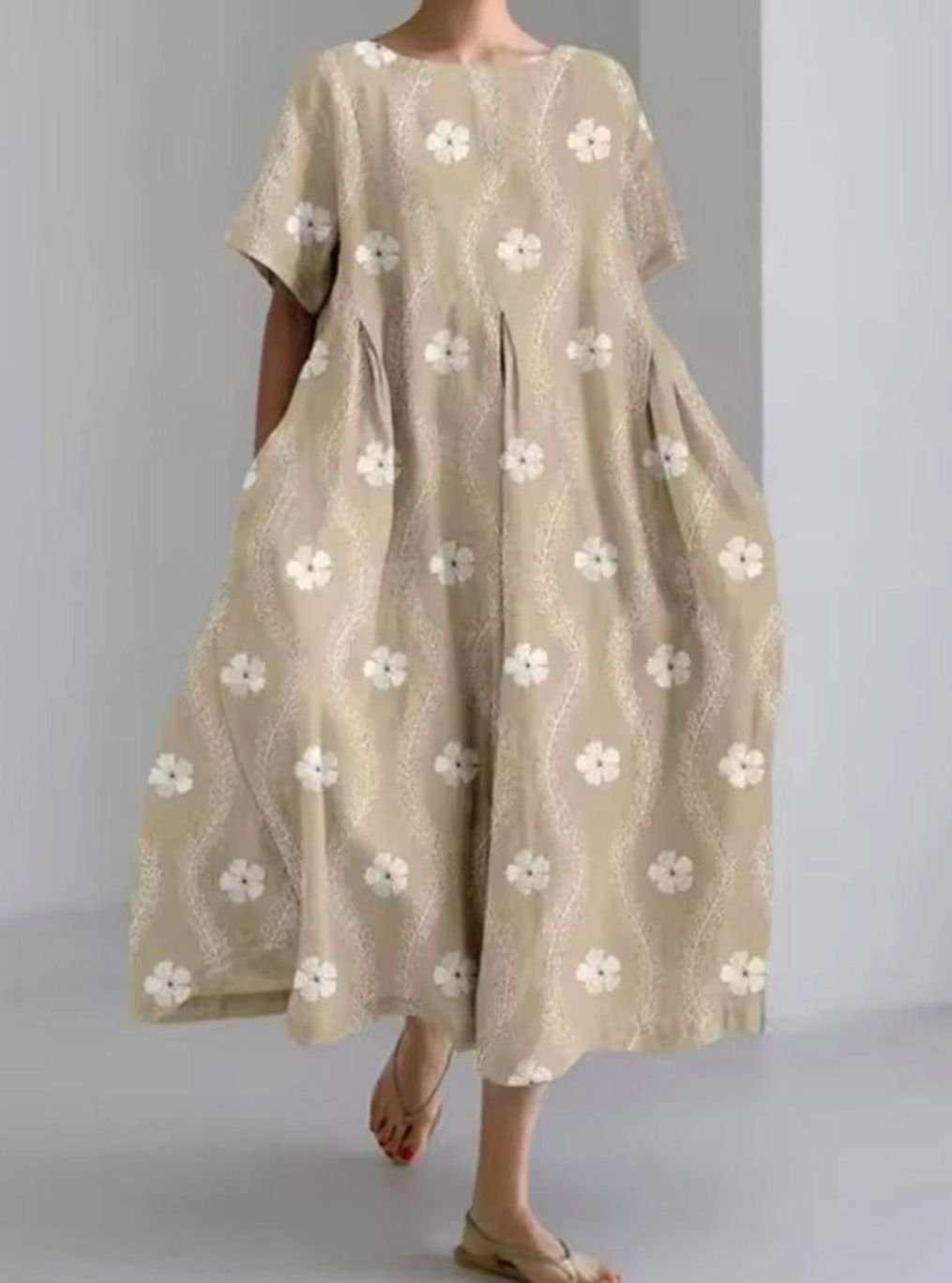 Women's Loose Round-Neck Floral Appliqué Midi Dress - Floral Brown