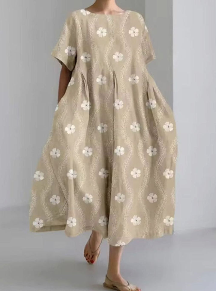 Women's Loose Round-Neck Floral Appliqué Midi Dress - Floral Brown