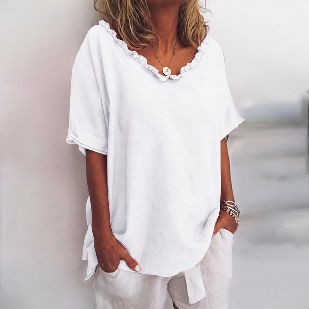 Women's Loose Ruffle-Neck Short Sleeve Linen Blend Casual Blouse - White