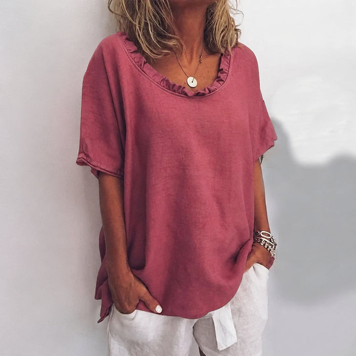 Women's Loose Ruffle-Neck Short Sleeve Linen Blend Casual Blouse - Dark Pink