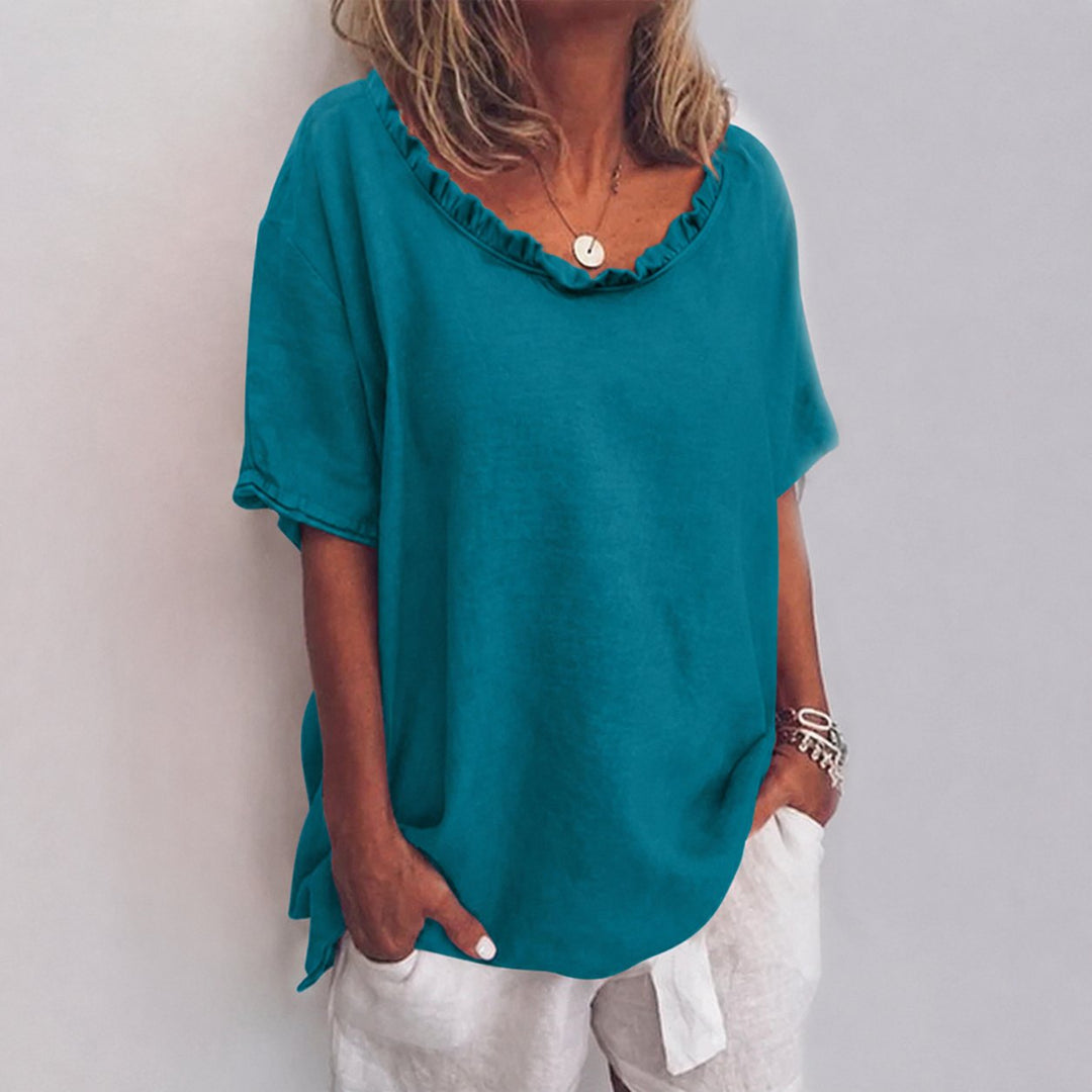 Women's Loose Ruffle-Neck Short Sleeve Linen Blend Casual Blouse - Sea Blue