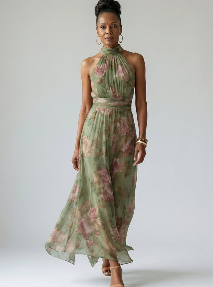 Women's Luxe Gathered Halter Midi Floral Chiffon Dress