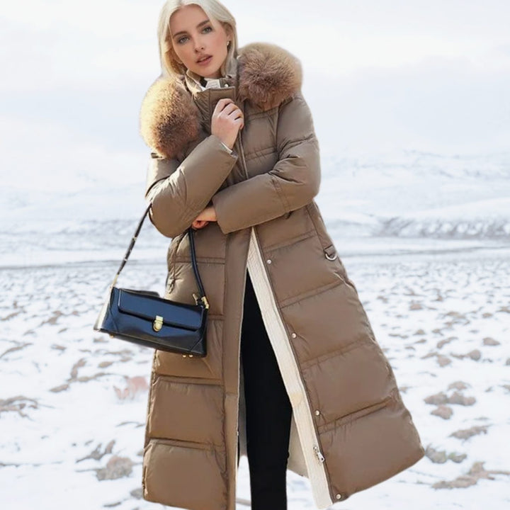 Women's Luxury Designer Fur-Hood Long Puffer Winter Parka - Brown