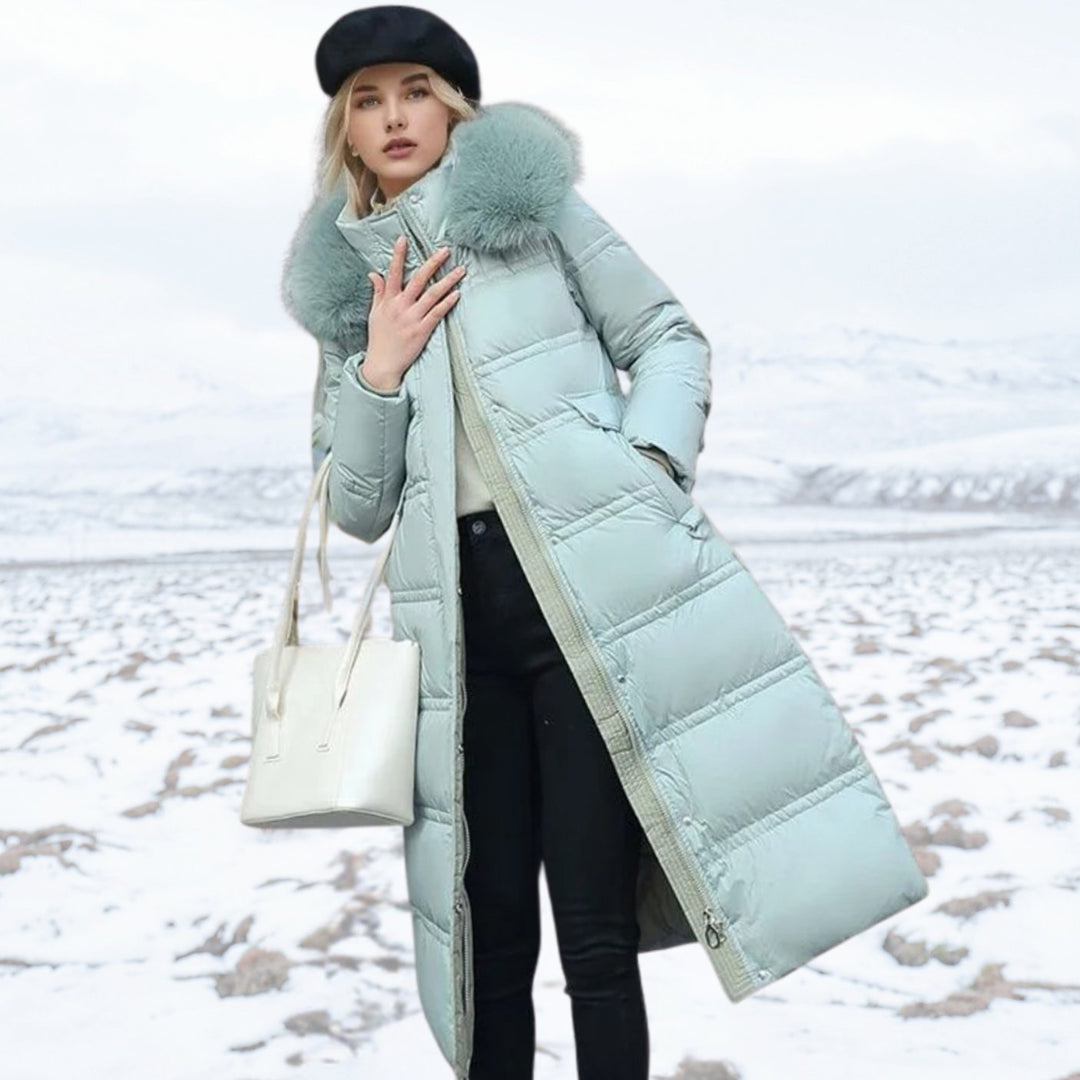 Women's Luxury Designer Fur-Hood Long Puffer Winter Parka - Blue
