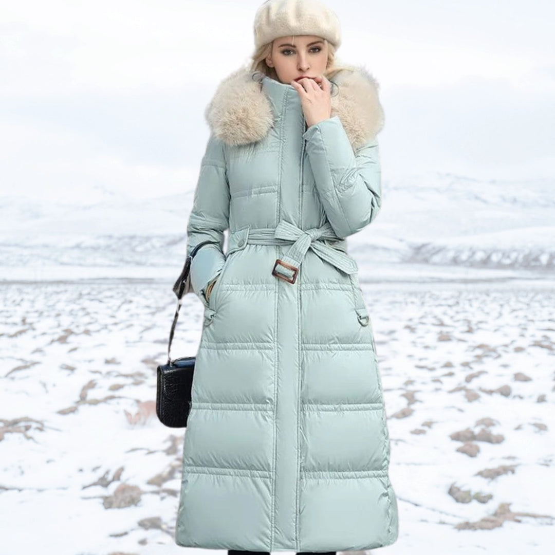 Women's Luxury Designer Fur-Hood Long Puffer Winter Parka - Blue and White