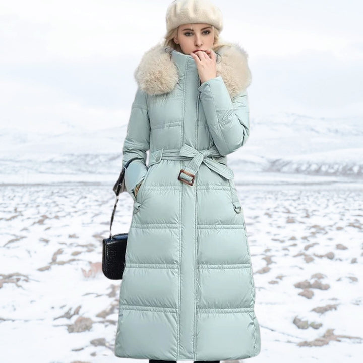 Women's Luxury Designer Fur-Hood Long Puffer Winter Parka - Blue and White