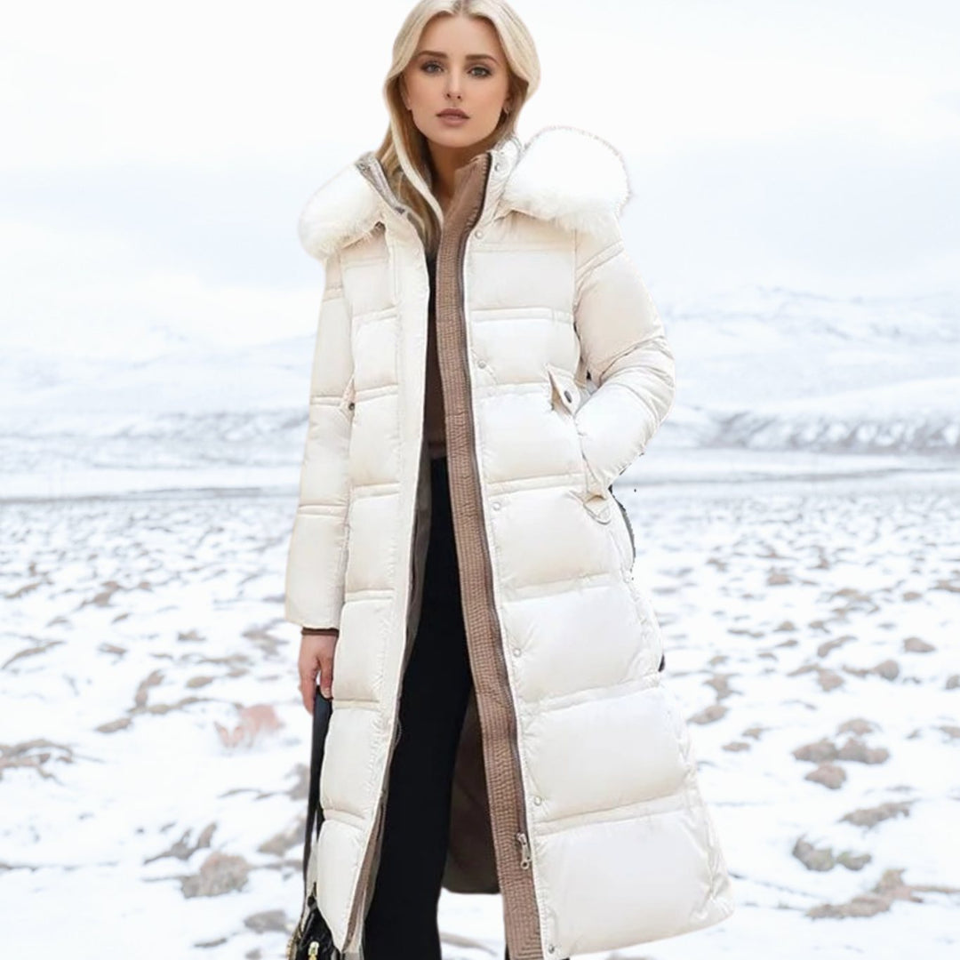 Women's Luxury Designer Fur-Hood Long Puffer Winter Parka - White