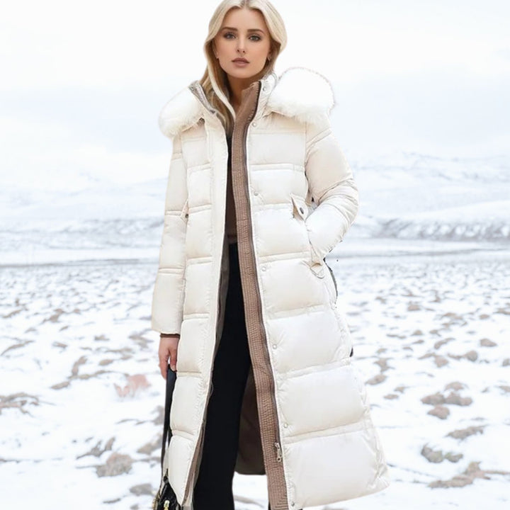 Women's Luxury Designer Fur-Hood Long Puffer Winter Parka - White