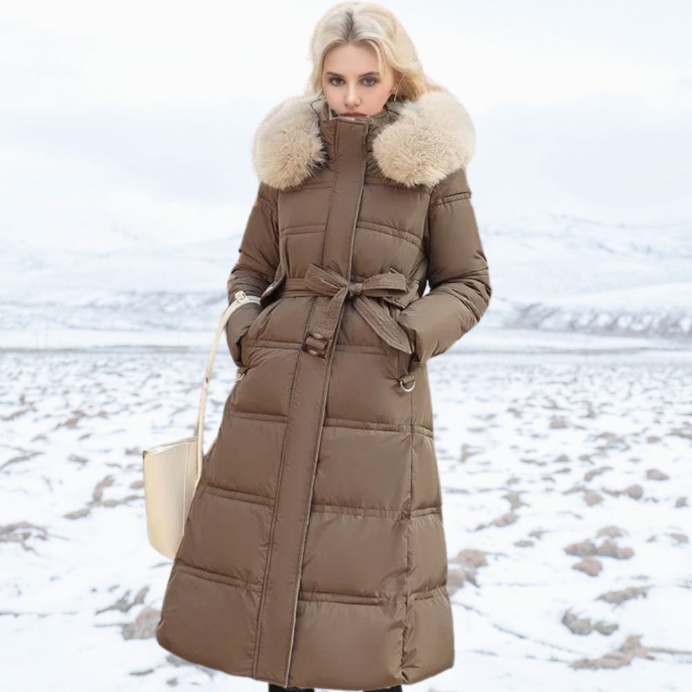 Women's Luxury Designer Fur-Hood Long Puffer Winter Parka - Brown and Beige