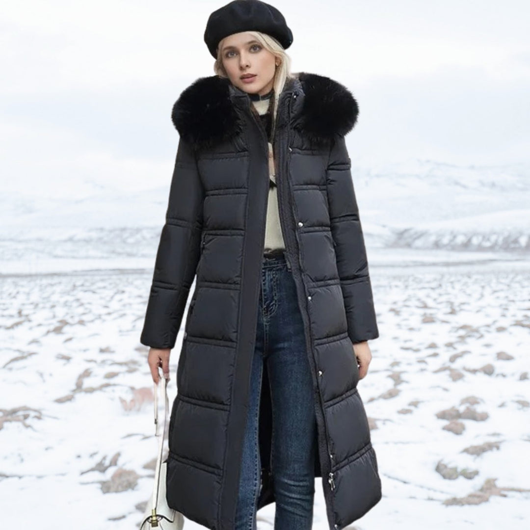 Women's Luxury Designer Fur-Hood Long Puffer Winter Parka - Black
