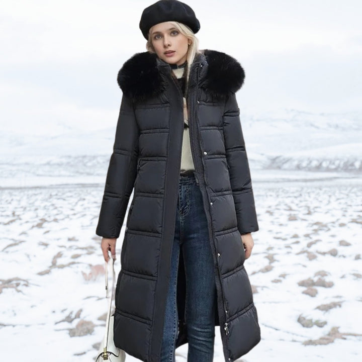 Women's Luxury Designer Fur-Hood Long Puffer Winter Parka - Black