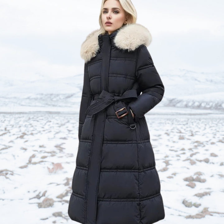 Women's Luxury Designer Fur-Hood Long Puffer Winter Parka - Black and White
