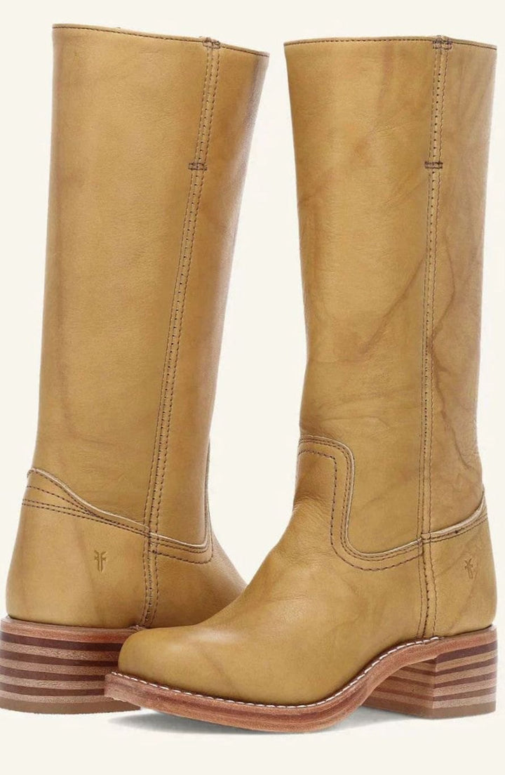 Women's Mid-Calf Classic Leather Western Boots Stacked Heel - Yellow