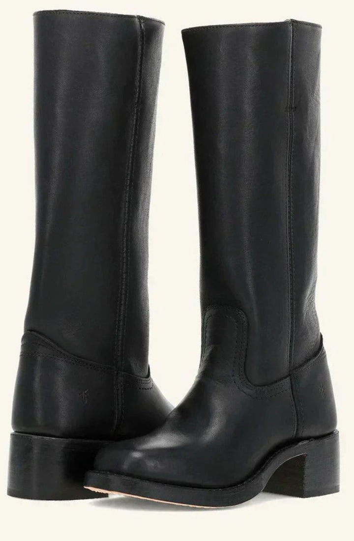 Women's Mid-Calf Classic Leather Western Boots Stacked Heel - Black