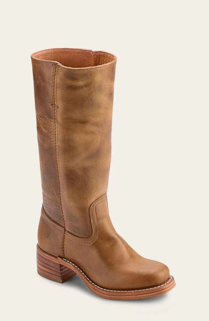 Women's Mid-Calf Classic Leather Western Boots Stacked Heel