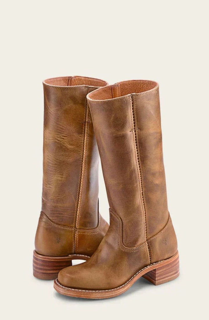 Women's Mid-Calf Classic Leather Western Boots Stacked Heel - Brown