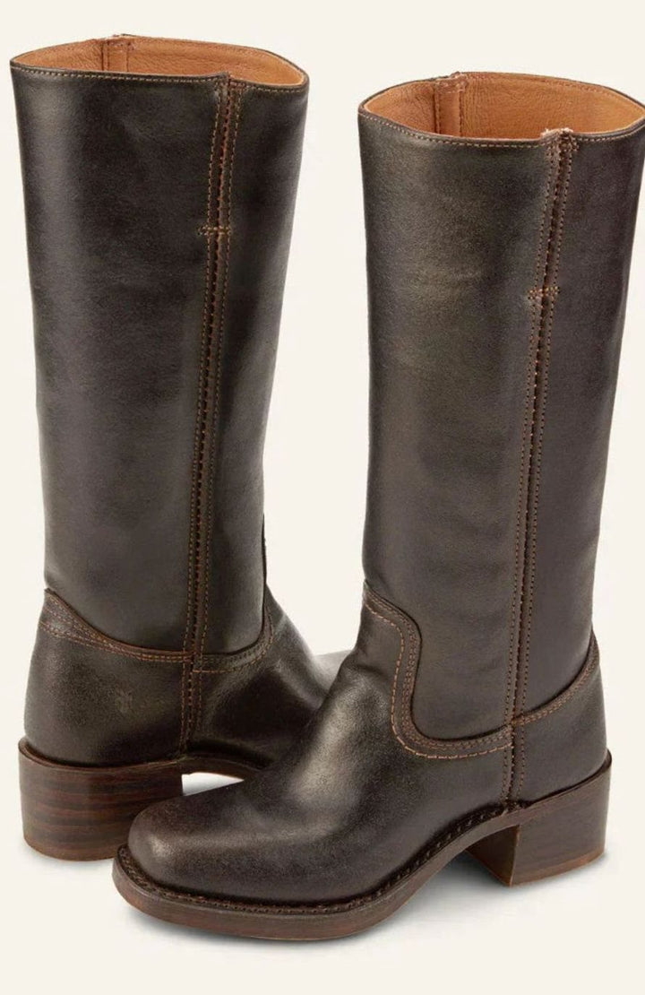 Women's Mid-Calf Classic Leather Western Boots Stacked Heel - Dark Brown