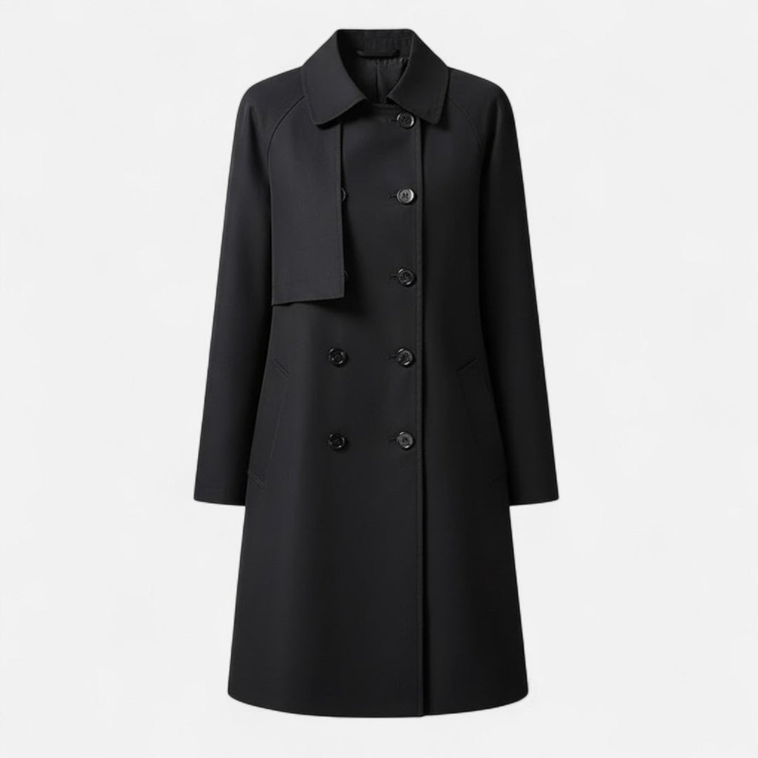 Women's Mid-Length Wool-Blend Double-Breasted Trench Coat - Black