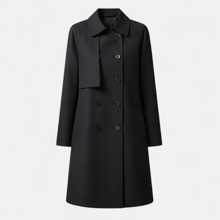 Women's Mid-Length Wool-Blend Double-Breasted Trench Coat - Black