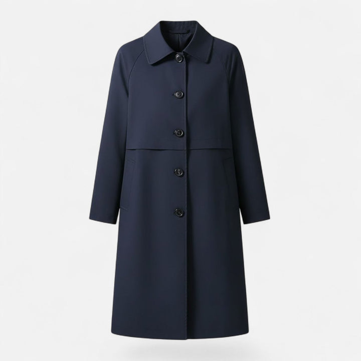 Women's Mid-Length Wool-Blend Double-Breasted Trench Coat - Navy Blue
