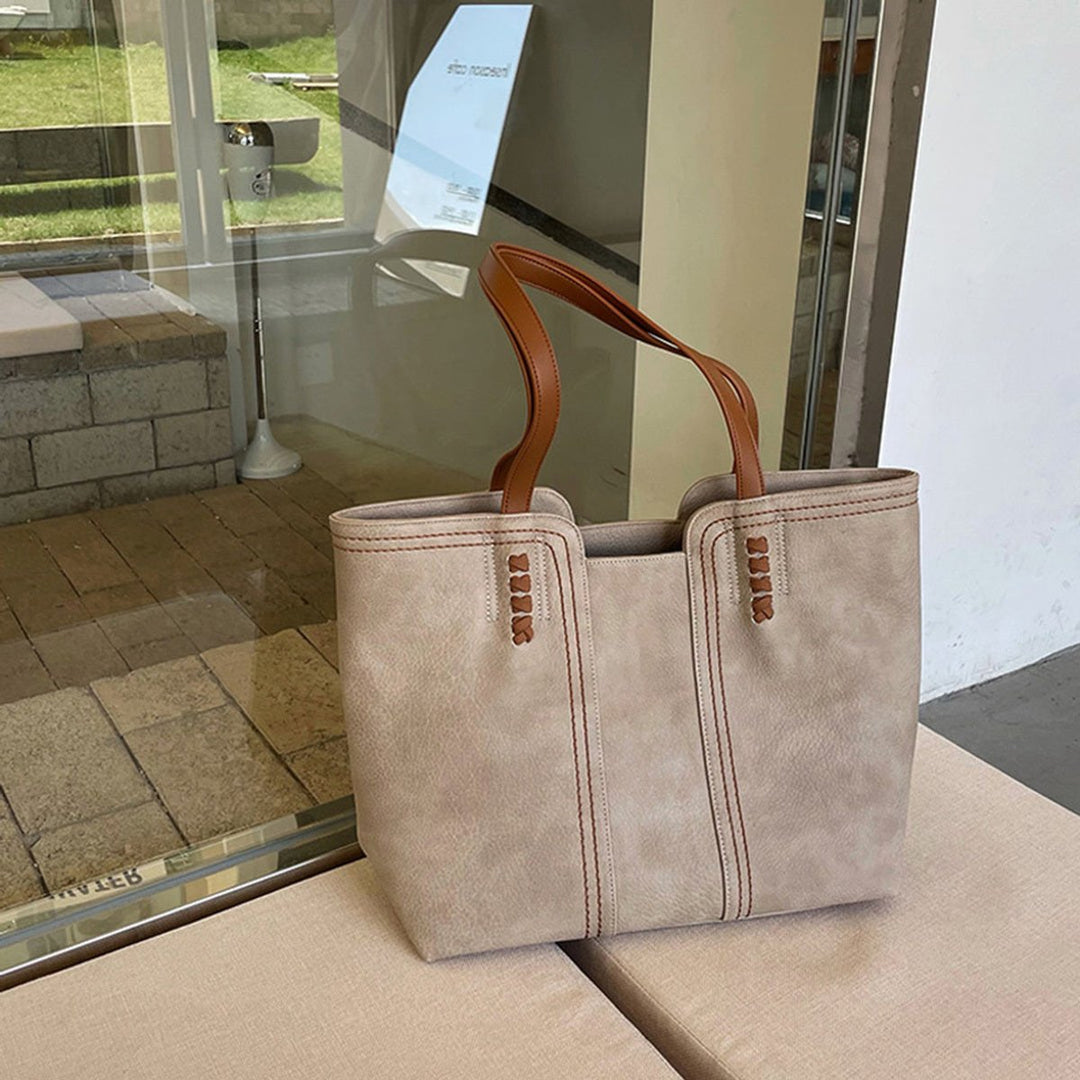 Women's Minimalist Structured Faux Leather Tote Bag - Khaki