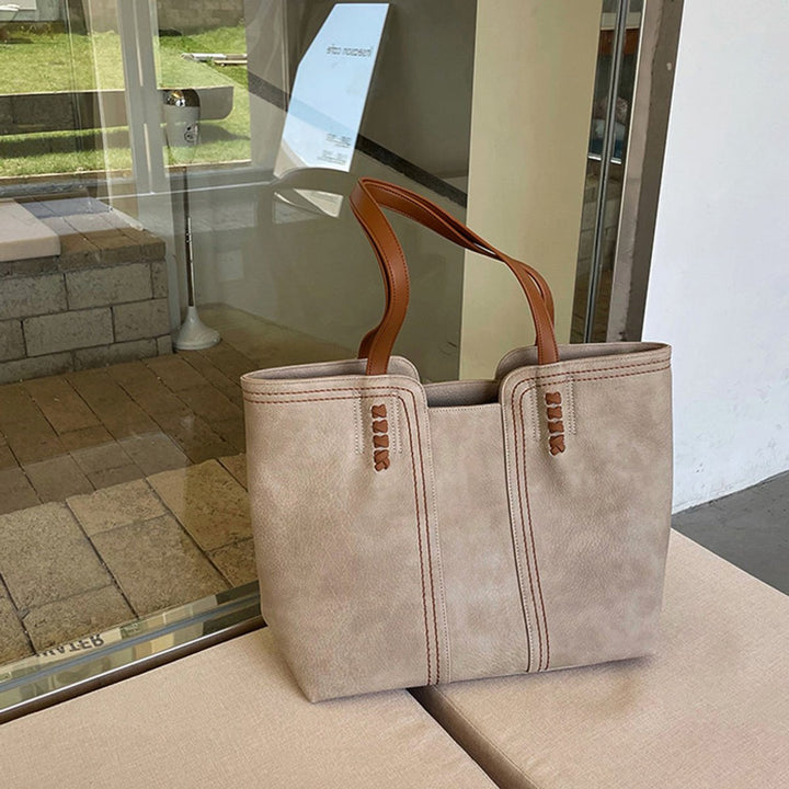 Women's Minimalist Structured Faux Leather Tote Bag - Khaki