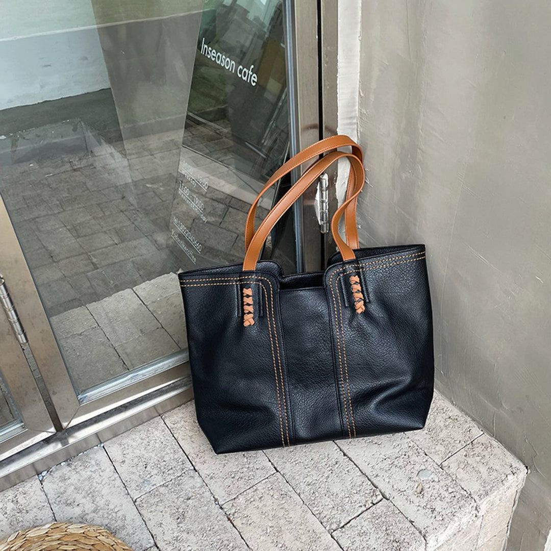 Women's Minimalist Structured Faux Leather Tote Bag - Schwarz