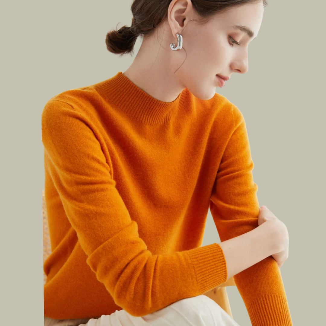 Women's Mock Neck Merino Wool Sweaters Soft Knit Pullover - Pumpkin