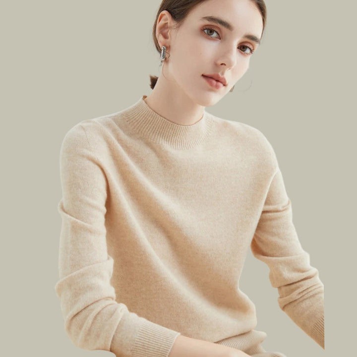 Women's Mock Neck Merino Wool Sweaters Soft Knit Pullover - Beige