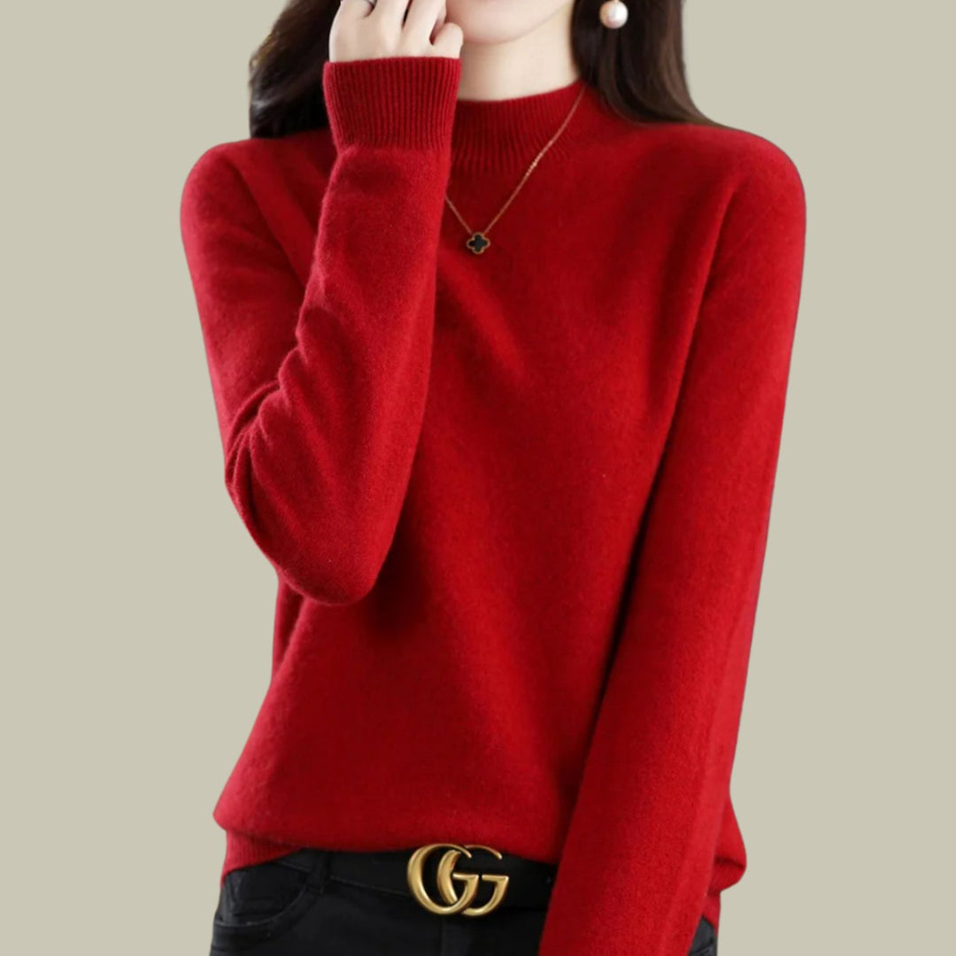 Women's Mock Neck Merino Wool Sweaters Soft Knit Pullover - Wine Red