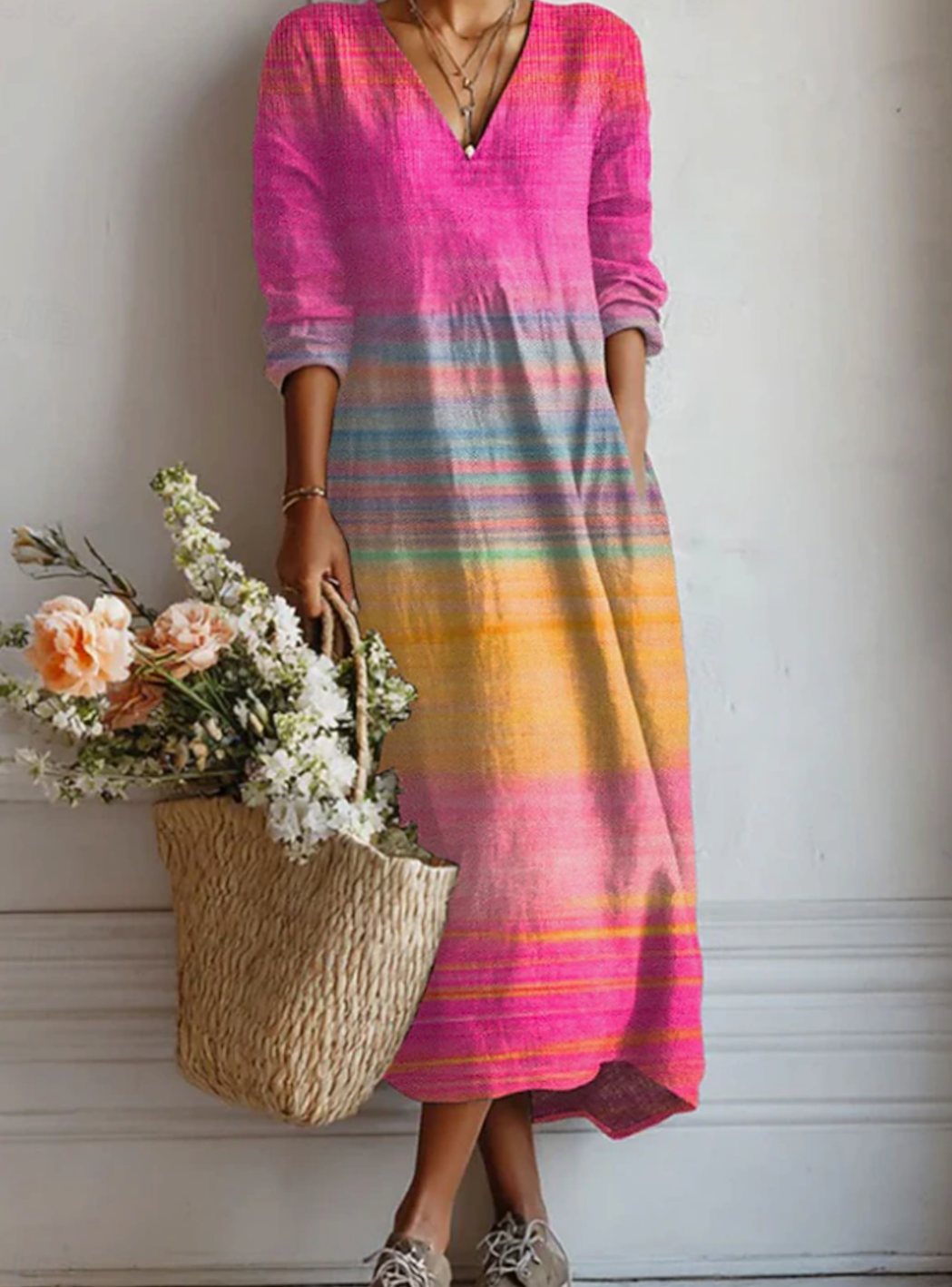 Women's Multicolor Striped V-Neck Long Sleeve Fall Dress - Multicolor