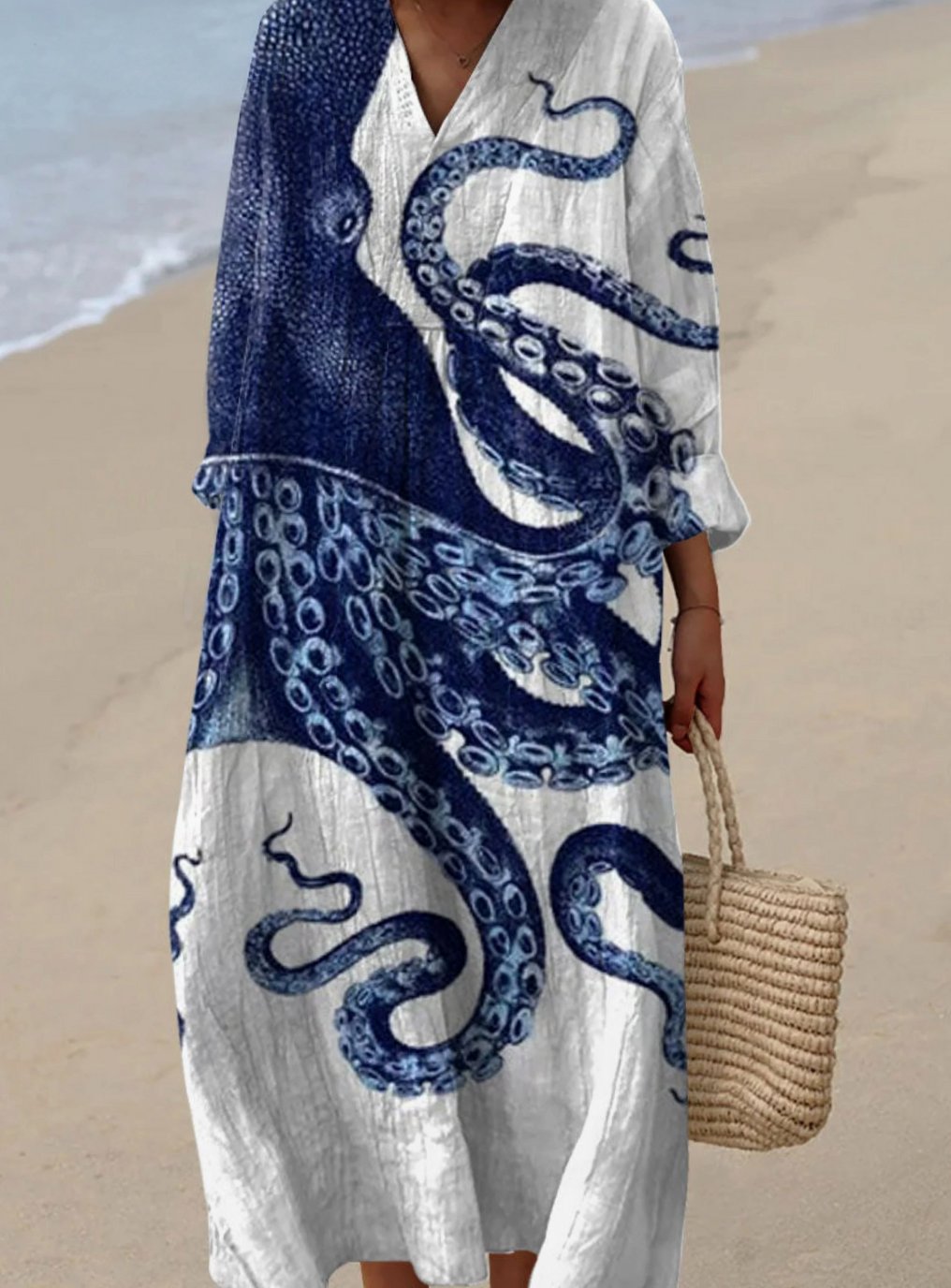Women's Octopus Print Long Sleeve V-Neck Casual Fall Dress - Multicolor